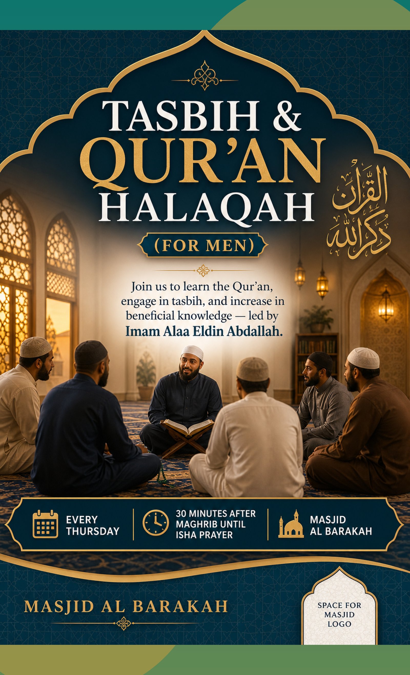 Tasbih & Qur'an Halaqah (For Men) — Every Thursday poster