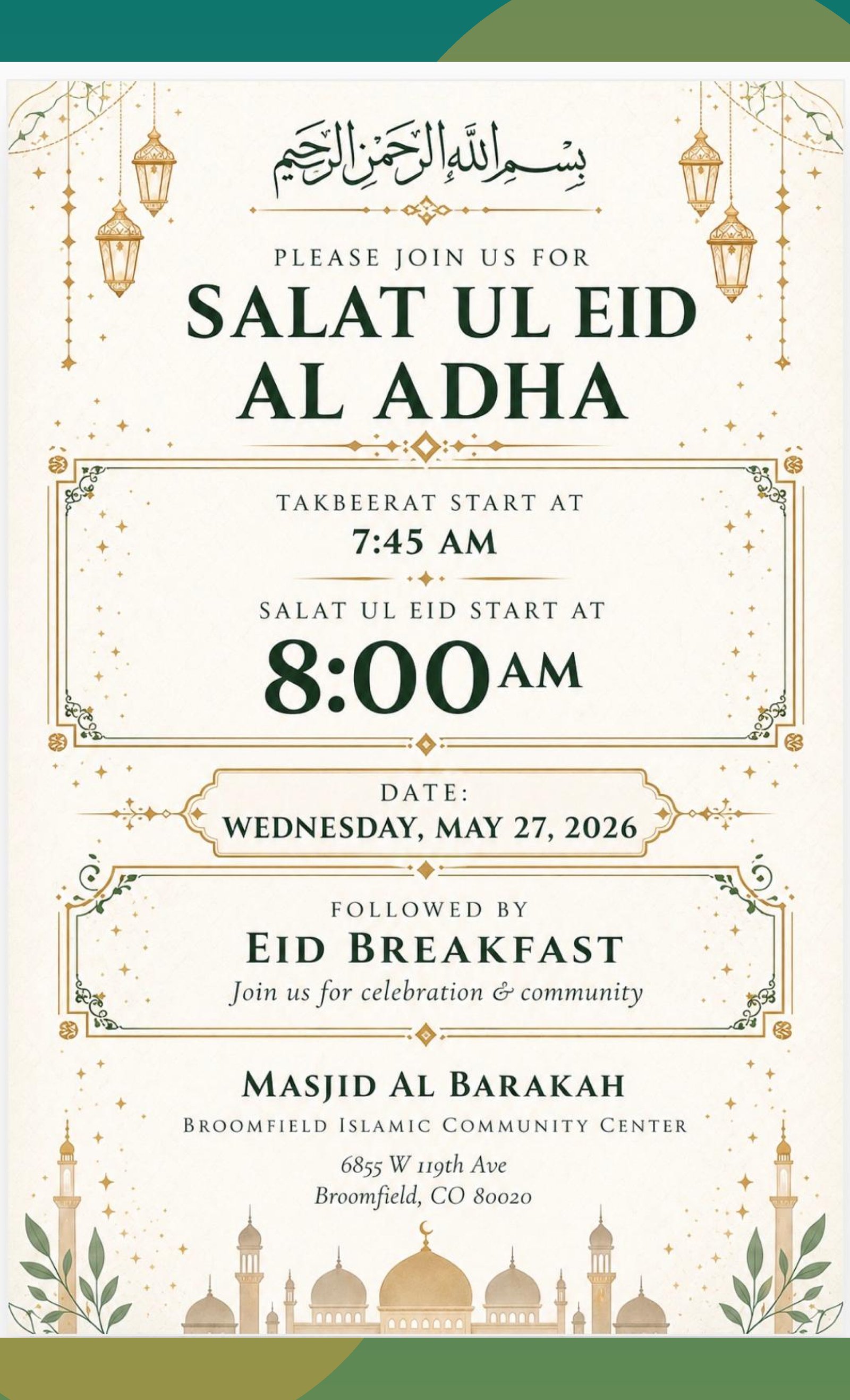 Eid al-Adha Prayer and Breakfast poster